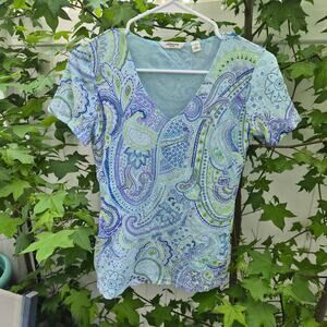 Liz Claiborne Paisley Mesh V-Neck Ladies Top Y2K - Sz Petite Medium